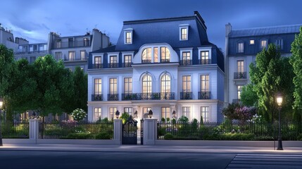 Fototapeta premium The night reveals a tall apartment building featuring Parisian-style architecture, with one window casting a warm glow against the darkened surroundings