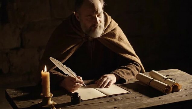 Elderly man writing with quill candlelight in ancient stone room  