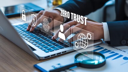 Business professional using laptop with zero trust security concept overlay