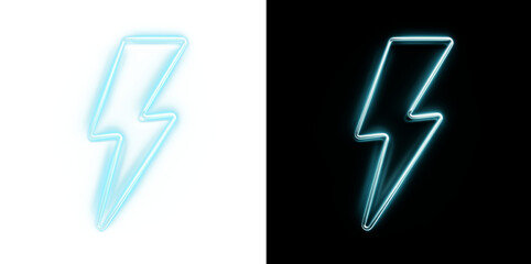 Blue neon lightning bolt icon PNG. Glowing electric sign.
