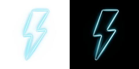 Blue neon lightning bolt icon PNG. Glowing electric sign.