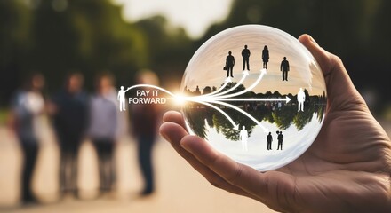 Conceptual Image of a Hand Holding a Glass Sphere Reflecting People and the Message 'Pay It Forward' in a Park Setting
