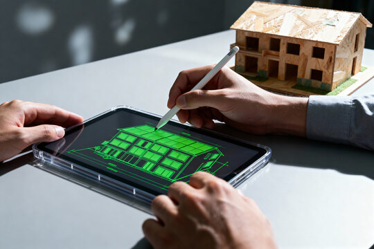 Person using tablet and stylus to design a house with a wooden model on the table nearby