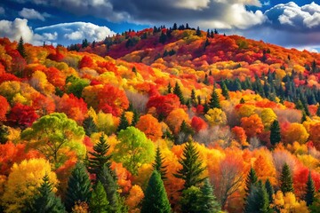 Vibrant autumn forest landscape with a mountain peak under a dramatic cloudy sky