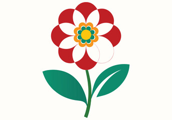 Vector art of a vibrant red flower with multiple petals and a yellow and white center, featuring green leaves and stem, on a soft white background