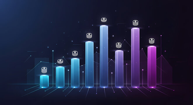 Futuristic 3D bar chart with glowing columns and user avatars representing data analytics and performance metrics.