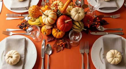 Decorating a festive table for Thanksgiving or Halloween. Orange tablecloth, autumn leaves, and pumpkins.