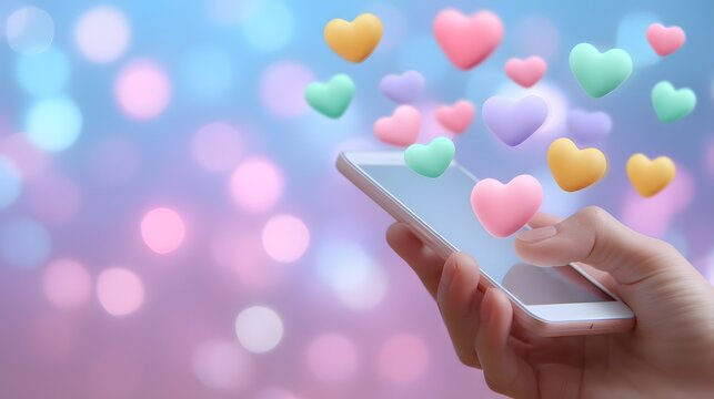 Close-up of hand holding smartphone with floating heart icons, mobile love app, online connection and digital dating concept on soft bokeh background - Powered by Adobe