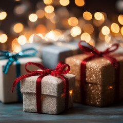 Secret Santa gift exchange scene with minimalist wrapped gifts with glitter and bows defocused company work office home festive lights Christmas copy space cozy party background 