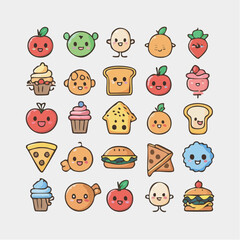 Charming Set of Cute Kawaii-Style Food and Character Vector Icons. Ideal for Playful Design, Children's Content, and Whimsical Illustrations