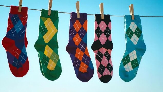 Colorful argyle socks hanging on a clothesline against blue sky  