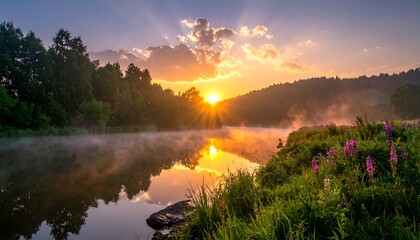 A tranquil sunrise bathes a foggy river, framed by lush greenery and hills, creating a serene landscape with golden light