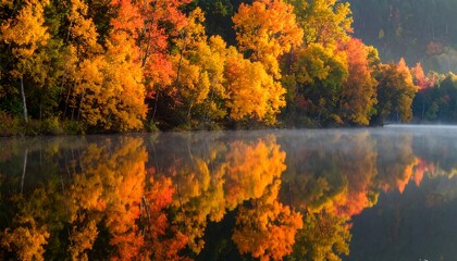 Fototapeta premium A tranquil scene featuring vibrant autumn foliage reflected in still water with a hint of morning mist. Golden hues dominate the landscape