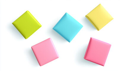 Colorful soft foam cubes floating on white background, playful pastel composition