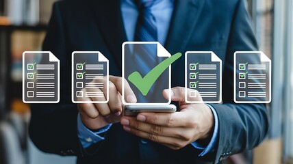 Businessman approving tasks on a digital checklist using a smartphone