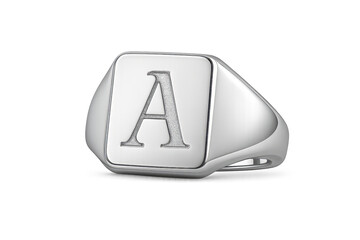 Elegant silver signet ring with engraved letter A, isolated on transparent background, jewelry.
