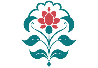 Vector art of stylized lotus flower with leaves and bud in a symmetrical floral design with muted colors, vector illustration
