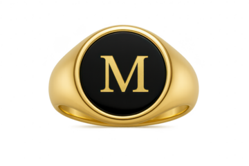 Golden signet ring with initial M on black face, isolated on transparent background