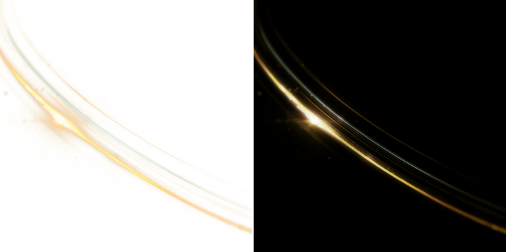 Curved golden light trail PNG. Abstract magic swoosh effect.