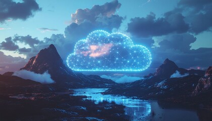 Stunning cloud computing concept with digital network over dramatic mountain landscape, representing data storage, connectivity and future technology trends