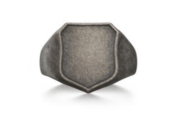 Rustic blank shield signet ring, weathered metal, isolated on transparent background