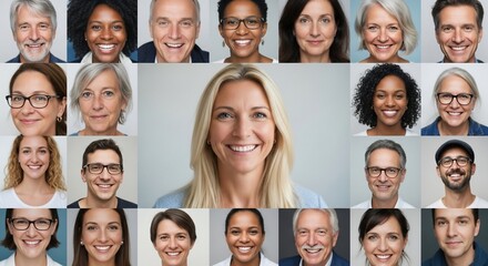 Diverse group of smiling people showcasing positivity and inclusivity in business, representing teamwork and global community with authentic expressions
