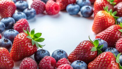 Vibrant strawberries, blueberries, and raspberries artfully arranged creating a fresh, healthy border for your design projects.