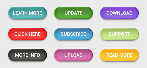 Colorful button collection for web design. Includes options like download, support and upload. Bright rounded style fits modern interface