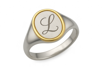 Silver and gold signet ring with engraved 'L' initial, isolated transparent.