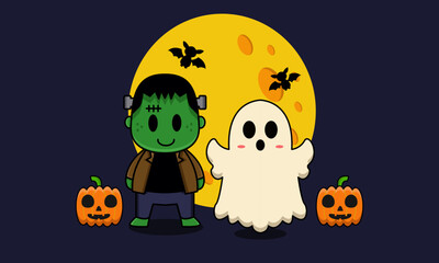 Cute Frankenstein and Ghost Characters on Halloween Night
