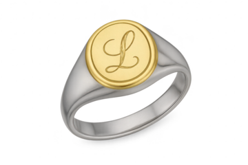 Elegant two-tone signet ring with initial 'L' isolated on transparent background
