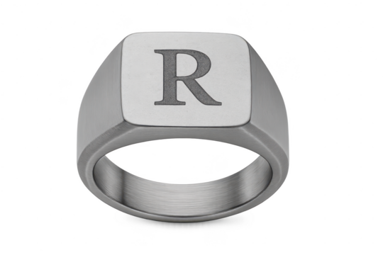 Brushed metal signet ring with letter R, isolated on transparent background