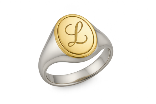 Modern silver and gold signet ring with initial 'L' on transparent background.