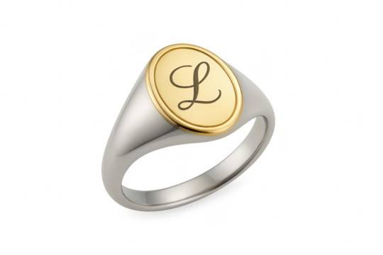 Silver signet ring with gold 'L' initial, isolated on transparent background