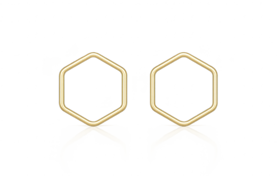 Shiny golden hexagon frames with reflection, isolated on transparent background