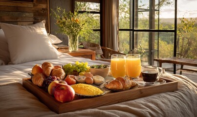 Luxurious breakfast tray with fresh croissants, fruits, coffee, and orange juice set on a cozy bed with a stunning nature view