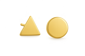 Vibrant golden 3D triangle and circle shapes isolated on transparent background.