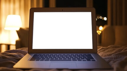 Fototapeta premium Cozy laptop on bed with blank screen and warm lamp light