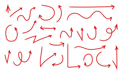 Illustration of collection of red handdrawn arrows isolated on transparent background for graphic design