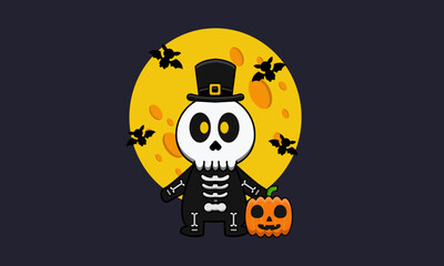 Cute Skeleton Character with Pumpkin on Halloween Night