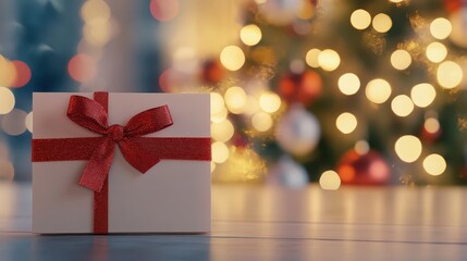 Gift box with red bow on a wooden surface by festive lights