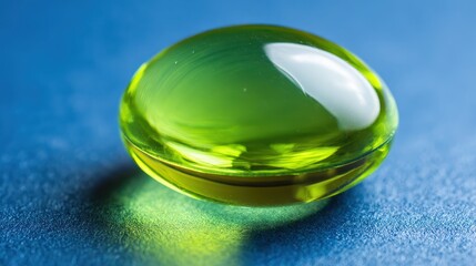 Macro view of a single translucent green capsule on a blue surface