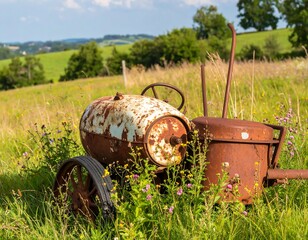 Rusty antique tractor in overgrown field, rural landscape