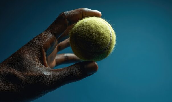 A dark-skinned hand firmly grips a textured yellow tennis ball against a gradient teal blue backdrop