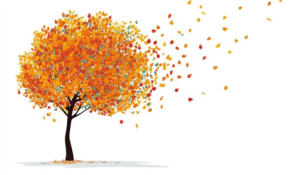 A colorful, stylized tree with orange and yellow leaves shedding to the wind
