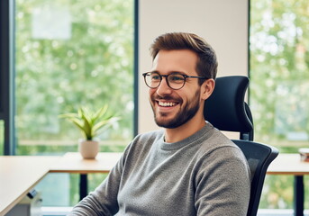 Joyful Professional at Desk: A cheerful professional, glasses perched perfectly, beams with genuine happiness while seated at his desk in a well-lit modern office space.