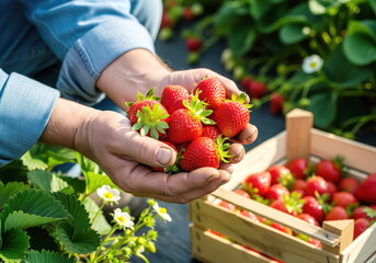 Harvest of Flavor: A farmer's hands cradle a generous handful of vibrant, ripe strawberries, embodying the essence of freshness and the bounty of the earth.
