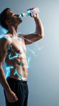 Muscular man drinking from water bottle with blue lightning, energy drink for body electrification and power concept, footage.