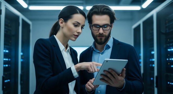 Data team collaborating on server maintenance using tablet in modern data center, ensuring system uptime and network security with professional teamwork - Powered by Adobe