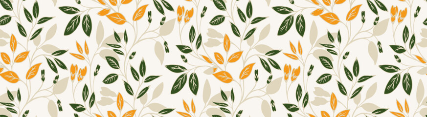 Seamless vector floral pattern with hand drawn branches, orange buds, dark green and beige leaves on light background. Elegant botanical design for fabric, wallpaper, packaging
